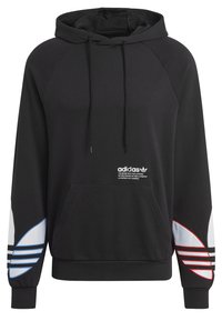 Felpa nera con cappuccio e coulisse, caratterizzata da maniche raglan. Accenti notevoli comprendono strisce curve blu e rosse sulle maniche. Piccolo logo sul davanti.