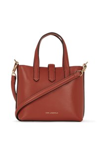 Red leather handbag with two short handles and a detachable long strap. Features a sleek design, gold hardware, and embossed logo on the front.