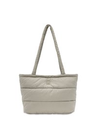 Gevoerde totebag in lichtbeige, met een quilted ontwerp, twee zachte handvatten en een klein logo-accent aan de voorkant.