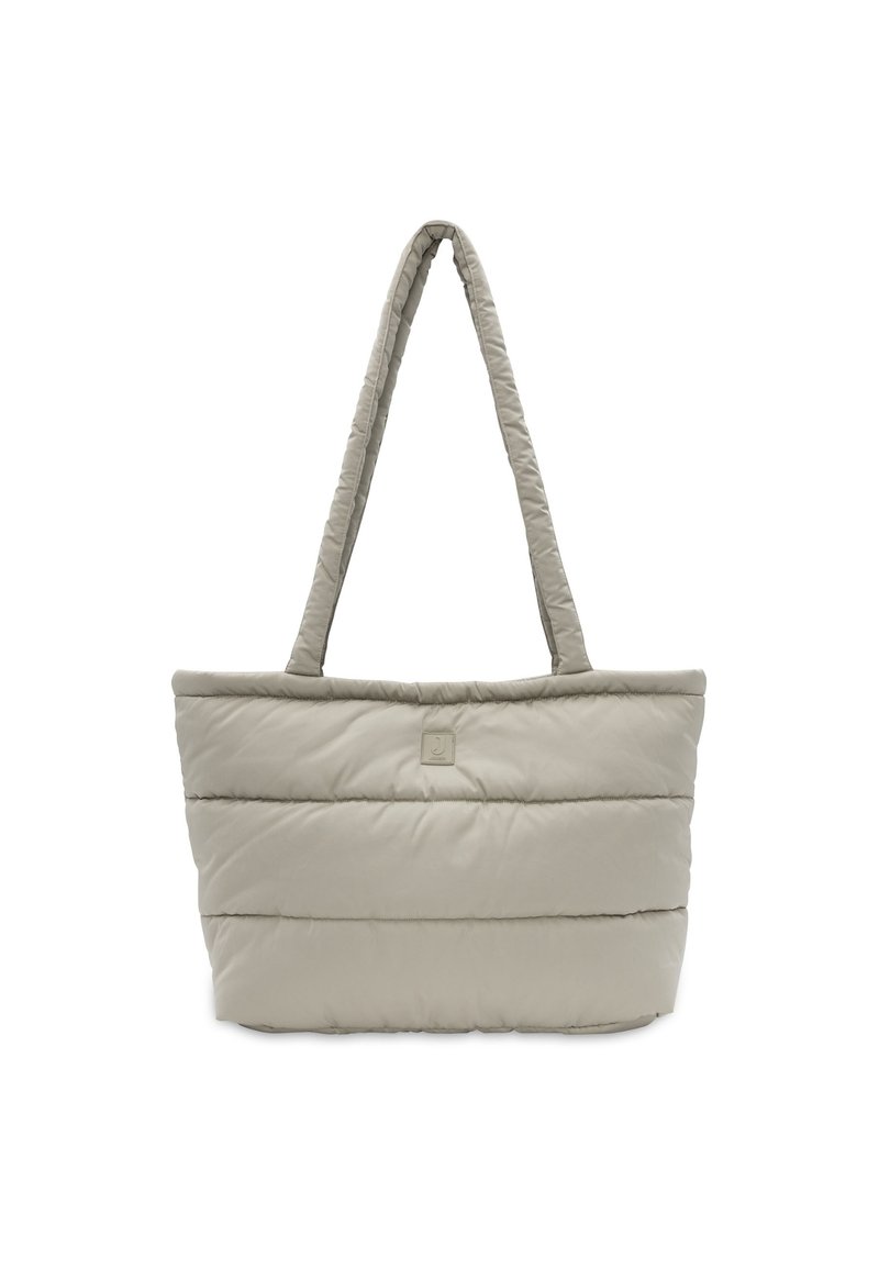 Gevoerde totebag in lichtbeige, met een quilted ontwerp, twee zachte handvatten en een klein logo-accent aan de voorkant.