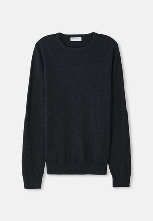 Dunkelgrauer Pullover, aus weichem Stoff gefertigt. Verfügt über einen runden Ausschnitt, lange Ärmel und gerippte Bündchen sowie Saum für eine taillierte Form.