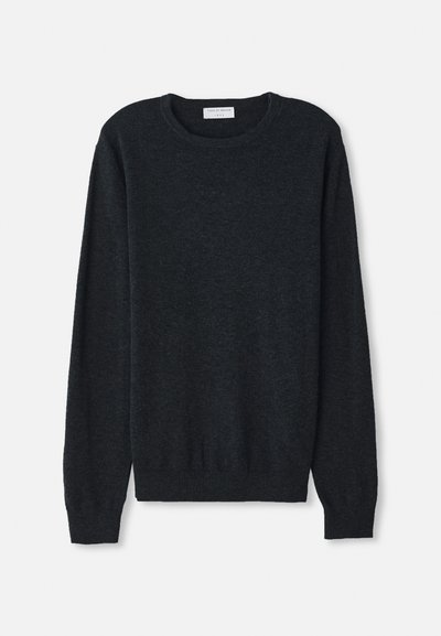 Dark grey sweater, made of soft fabric. Features a round neckline, long sleeves, and ribbed cuffs and hem for a fitted shape.