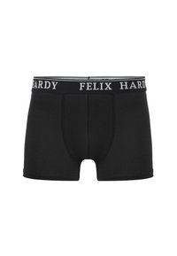 Shorts de boxe noirs en tissu doux avec une ceinture élastique de marque noir et blanc, dotés d'une poche pour le contour et de coutures surpiquées.