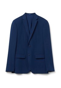 Blazer blu navy realizzato in tessuto liscio, con chiusura a due bottoni, rever a scollo e due tasche anteriori. Design pulito e sartoriale.