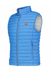 Světlomodrá vesta bez rukávů s vycpávkami, s vysokým l ímcem, zapínáním na zip a boční kapsou. Má prošívanou strukturu a logo na nášivce.