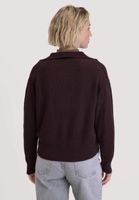 Burgunderfarbener gerippter Pullover mit lockerer Passform, der einen breiten Kragen und ein strukturiertes Strickmuster aufweist. Die Rückansicht zeigt lange Ärmel und einen Saum auf Taillenhöhe.