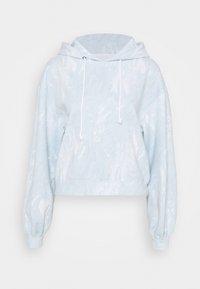 Lys blå, marmorering, cropped hoodie med hætte, snore og puffede ærmer. Blød bomuldsblanding, afslappet design og løs pasform.