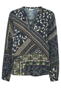 Langærmet bluse i mørkeblå med blomster- og geometriske mønstre, har V-udskæring og en afslappet pasform. Fremstillet af let stof.