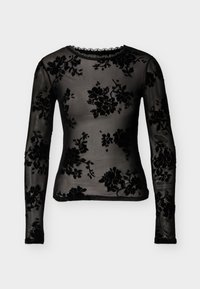 Μαύρο τοπ μακρυμάνικο από διάφανο ύφασμα με λουλουδάτα βελούδινα σχέδια. Διαθέτει στρογγυλή λαιμόκοψη και δαντέλα στο γιακά και το τελείωμα.