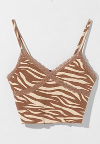 Bralette a righe zebrate marrone e crema con bordo in pizzo, texture a coste e spalline sottili regolabili. Design corto con dettaglio incrociato davanti.