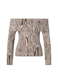 Top a spalle scoperte in maglia con un motivo a venatura di legno testurizzato in marrone e crema, dotato di maniche lunghe e scollatura strutturata.