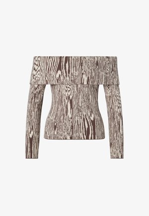 Haut tricoté à épaules dénudées avec un motif de grain de bois texturé dans des tons de marron et de crème, doté de manches longues et d'un col structuré.