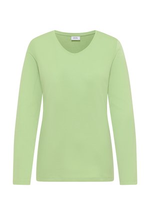 Lange mouw, v-hals T-shirt in lichtgroen, gemaakt van een zachte katoenmix, met een eenvoudig ontwerp zonder patronen of versieringen.