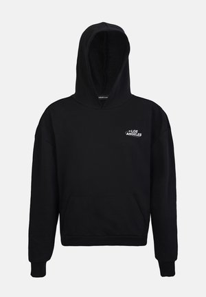 Czarna bluza z kapturem wykonana z miękkiego materiału; posiada kieszeń z przodu i kaptur; na piersi haft "LOS ANGELES".