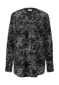 Zwarte langlopende blouse met een verspreide witte print, V-hals, knoopsluiting aan de voorkant en een ontspannen pasvorm. Gladstof.