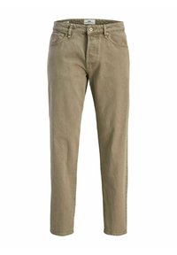 Světle olivově zelené bavlněné kalhoty s rovnými nohavicemi, vybavené předními kapsami a zapínáním na kovový knoflík. Texturovaná látka s mírným pružením.