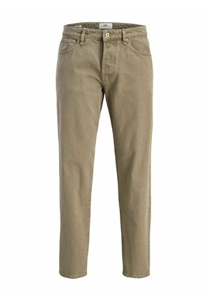 Heledast oliivrohelised puuvillased püksid sirge säärega, ees taskud ja metallist nööpidega sulgumine. Tekstuuriga kangas, mis on kergelt veniv.