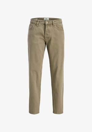 Light olive green cotton pants with a straight-leg design, featuring front pockets and a metal button closure. Textured fabric with slight stretch.