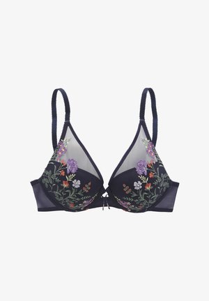 Bra blu navy con coppe in rete, ricamo floreale in viola e verde, spalline regolabili e un piccolo dettaglio a fiocco frontale.
