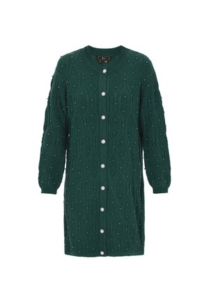Groene gebreide cardigan met een kabelpatroon, voorzien van knoopsluiting en decoratieve kralen, lange mouwen, ribgebreide manchetten en onderkant.