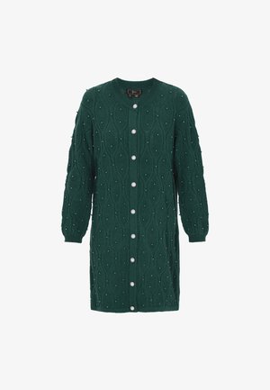 Groene gebreide cardigan met een kabelpatroon, voorzien van knoopsluiting en decoratieve kralen, lange mouwen, ribgebreide manchetten en onderkant.