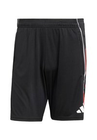 Schwarze sportliche Shorts aus leichtem Material, mit seitlichen Streifen und einem roten Grafikdesign am linken Bein. Mit elastischem Bund.