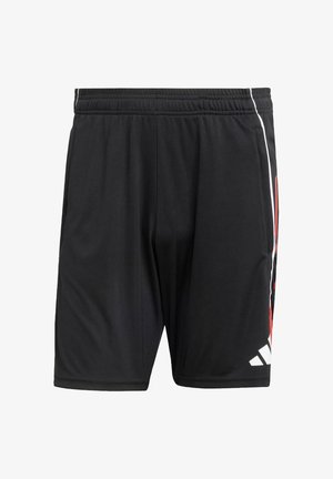Schwarze sportliche Shorts aus leichtem Material, mit seitlichen Streifen und einem roten Grafikdesign am linken Bein. Mit elastischem Bund.