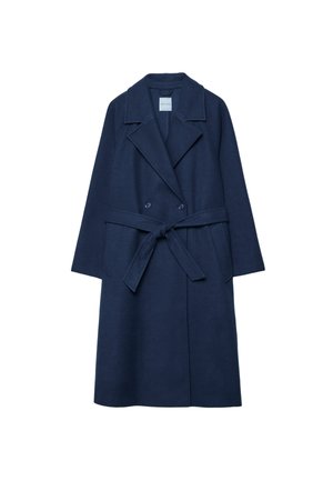 Navyblauer langer Wollmantel mit breiten Revers, zweireihigen Knöpfen, Seitentaschen und einem gebundenen Gürtel in der Taille.