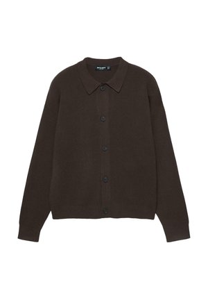 Mørkebrun cardigan lavet af blødt materiale, med klassisk krave, lange ærmer og seks sorte knapper langs fronten.