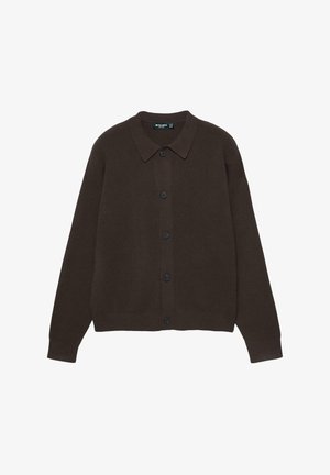 Cardigan marrone scuro realizzato in materiale morbido, con colletto classico, maniche lunghe e sei bottoni neri lungo la parte anteriore.