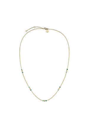 Collar de cadena de oro con pequeñas cuentas de turquesa y oro, con cierre tipo broche y longitud ajustable.