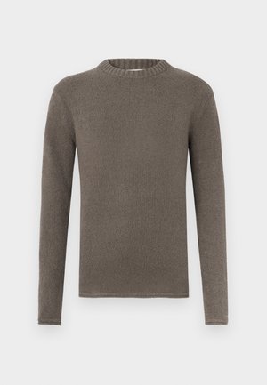 Brown long-sleeve sweater with a ribbed crew neckline, made from soft, textured material. Features a simple, straight design with no patterns.