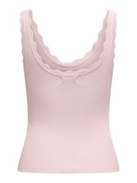 Débardeur en maille côtelée rose clair avec bords festonnés le long de l'encolure carrée et des bretelles, silhouette ajustée.