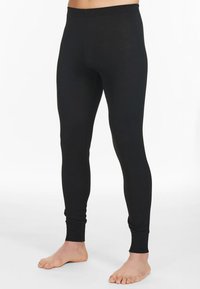 Leggings neri realizzati in un materiale morbido e elasticizzato. Design aderente con una texture liscia e polsini aderenti alla caviglia. Nessuna cucitura visibile.
