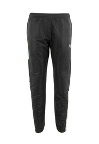 Zwarte sportbroek met witte zijkanten, elastische tailleband, geborduurde enkels en klein logo op de rechterdij.