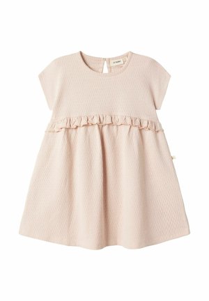 Abito in cotone rosa chiaro con maniche corte, tessuto testurizzato, vita arricciata e chiusura a chiave sulla schiena. Formato casual a trapezio.