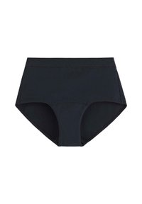 Svart hög midja trosor gjorda av mjukt, stretchy tyg. Har en bred midja och sömlösa kanter för komfort och minimerad synlighet.