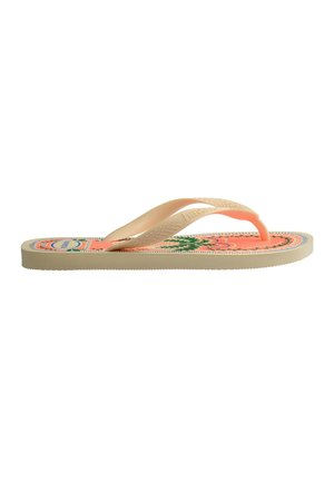 Infradito beige con suola corallo con motivo floreale verde e rosa e cinturini beige con trama a rilievo.