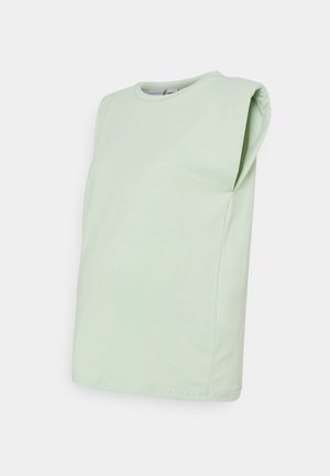 Bez rękawów, jasnooliwkowy, pikowany top na ramiona z okrągłym dekoltem, prezentowany na jednolitym białym tle.