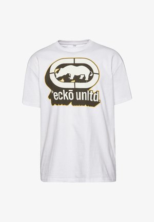 White cotton t-shirt featuring a large black and yellow graphic logo with a rhinoceros silhouette and text. Short sleeves and crew neck design.
