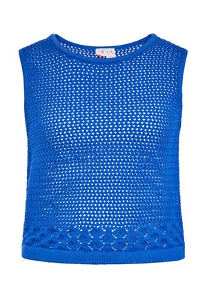 Blauwe gebreide mouwloze top met een losse weving, ronde halslijn en decoratieve gehaakte zoom. Glide textuur en levendige kleur.