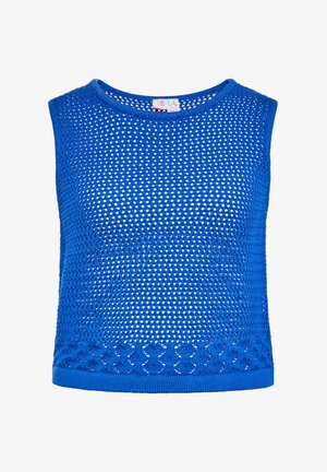 Top senza maniche a maglia blu con un tessuto morbido, scollatura tonda e orlo decorativo all'uncinetto. Texture liscia e colore vivace.