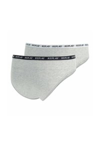 Due coppie di mutande da uomo in cotone grigio chiaro, con un elastico nero in vita con il logo "REPLAY" e un design liscio e senza cuciture.