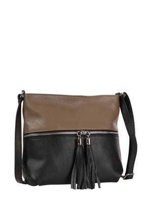 Two-tone brown and black leather crossbody bag with a horizontal zipper and two black tassels hanging from zipper pulls.