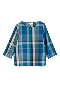 Blue and green plaid shirt with three-quarter sleeves, round neckline, textured fabric, and varied square patterns throughout.