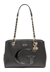 Musta synteettinen käsilaukku kiiltävällä "G"-logolla, ketjuhihnalla, kultaisilla yksityiskohdilla ja logokaulaketjulla. Ominaisuuksia ovat jämäkkä muotoilu ja vetoketjukiinnitys.