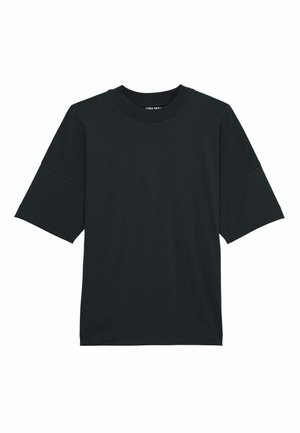 T-shirt noir oversized à manches courtes avec un col rond, fabriqué dans un tissu lisse, présenté sur fond blanc.