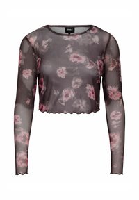 Musta läpinäkyvä crop-top, jossa on pitkät hihat, pinkki kukkakuosi ja aaltoileva helma. Valmistettu kevyestä, läpinäkyvästä materiaalista.