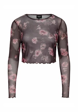 Musta läpinäkyvä crop-top, jossa on pitkät hihat, pinkki kukkakuosi ja aaltoileva helma. Valmistettu kevyestä, läpinäkyvästä materiaalista.