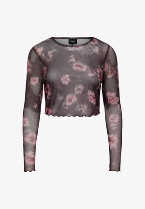 Zwarte transparante crop top met lange mouwen, voorzien van een roze bloemenpatroon en een gegolfde zoom. Gemaakt van lichtgewicht, doorzichtig materiaal.